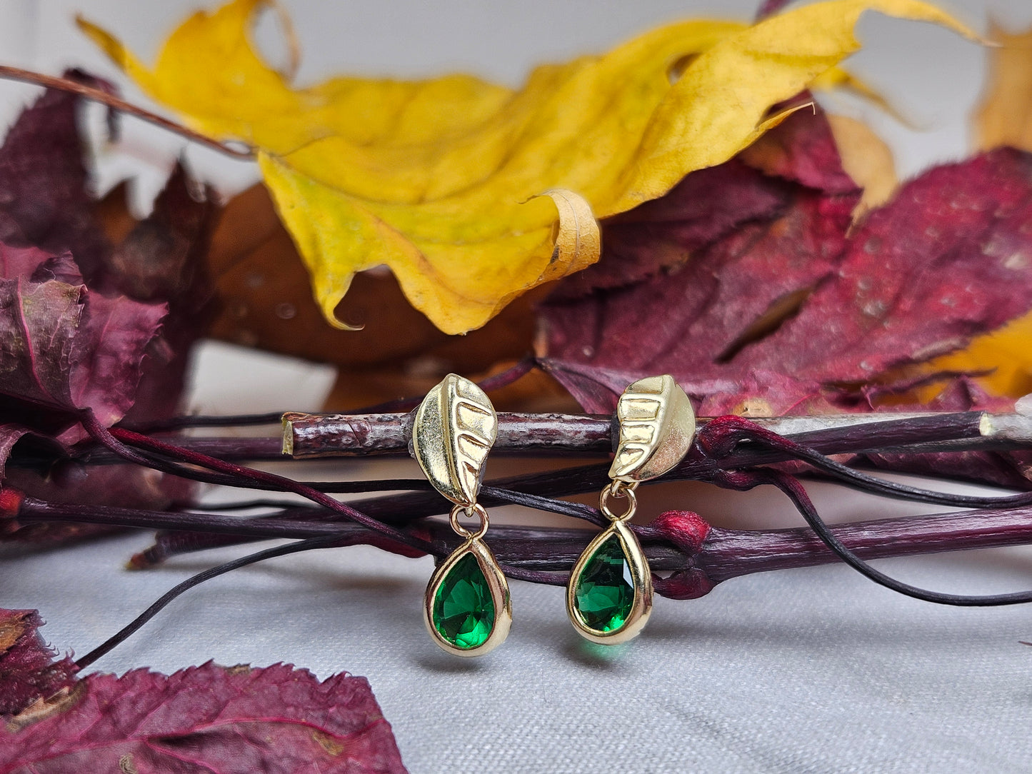 Leaf and Drop Earrings, 10K Gold