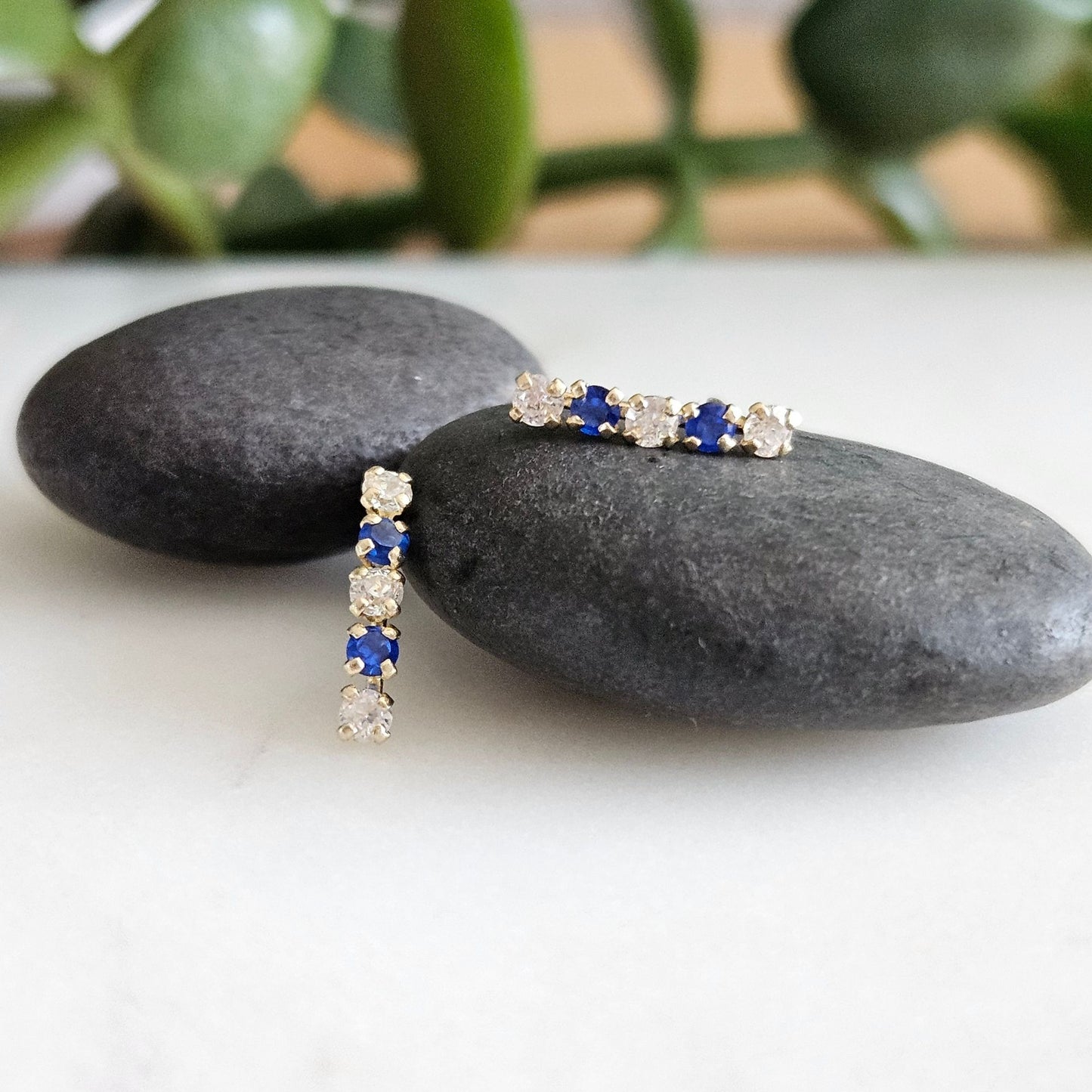 Blue & White Zirconia Bar Studs, 10K Gold