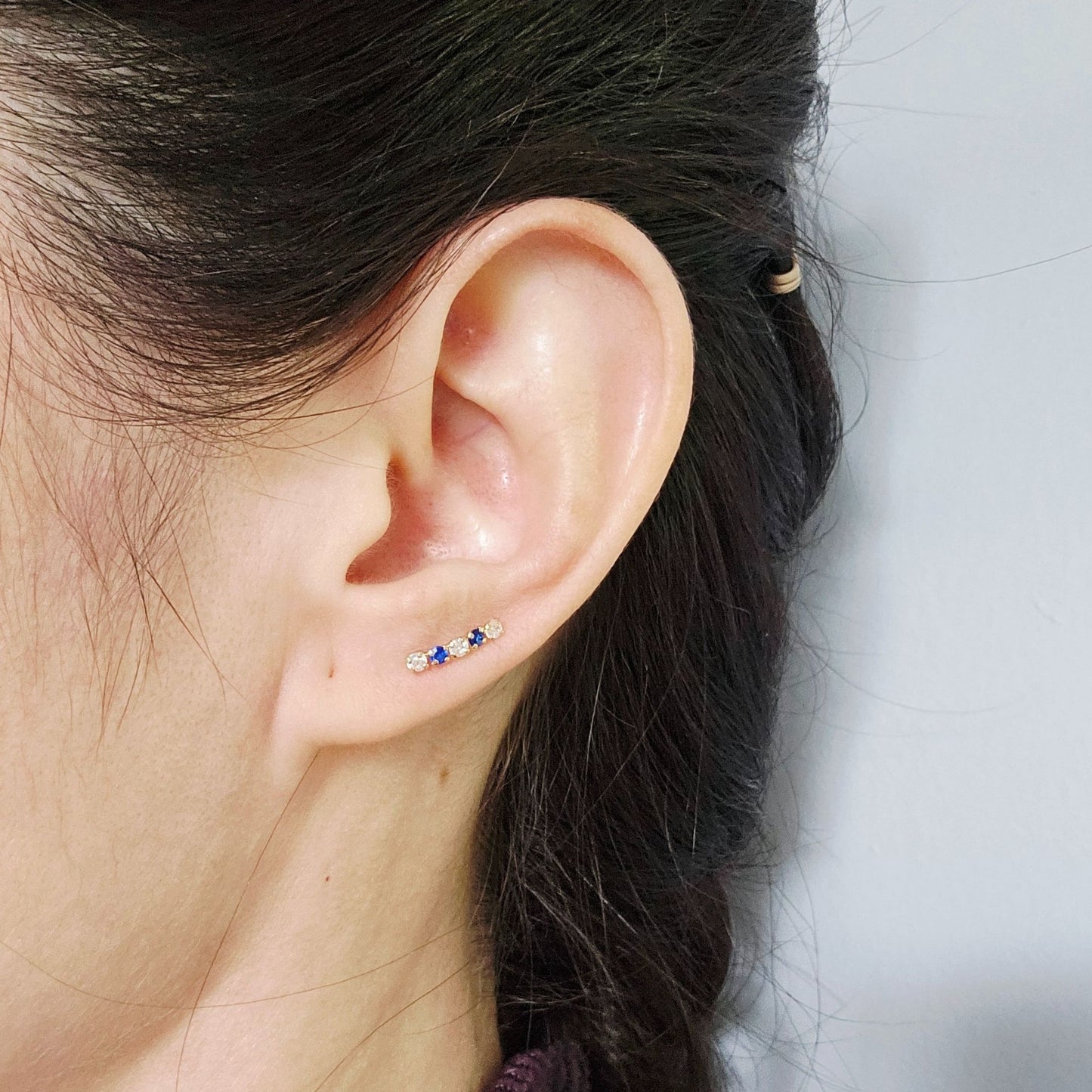 Blue & White Zirconia Bar Studs, 10K Gold