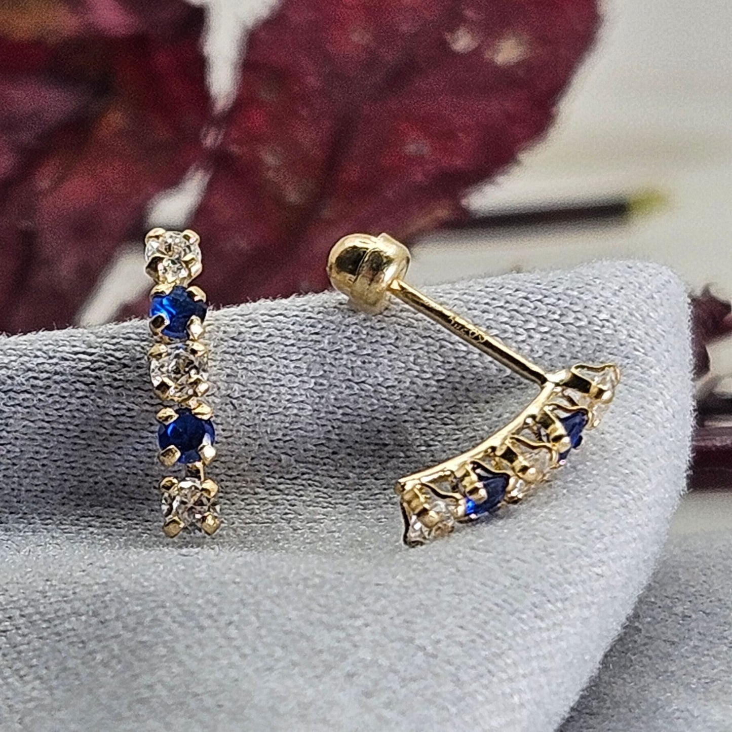 Blue & White Zirconia Bar Studs, 10K Gold