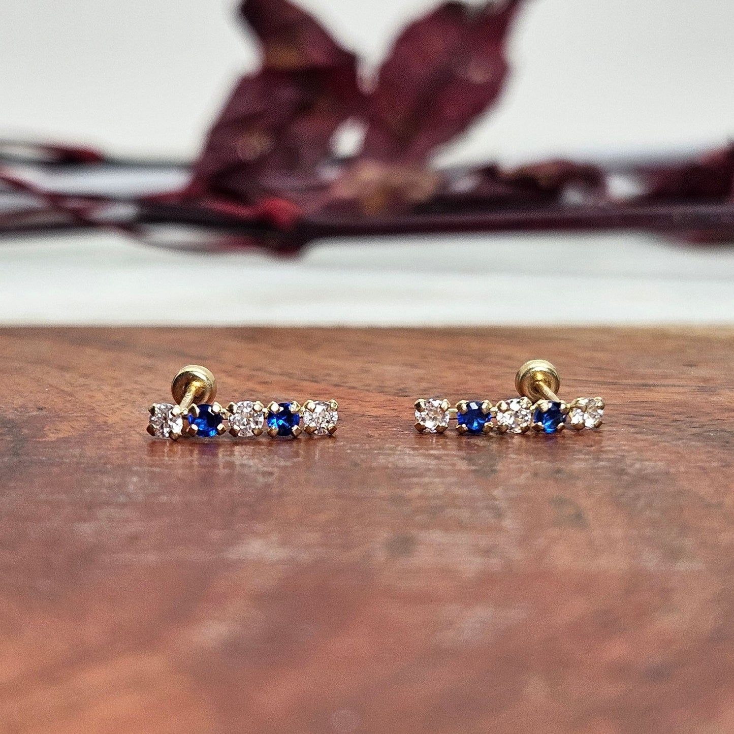 Blue & White Zirconia Bar Studs, 10K Gold