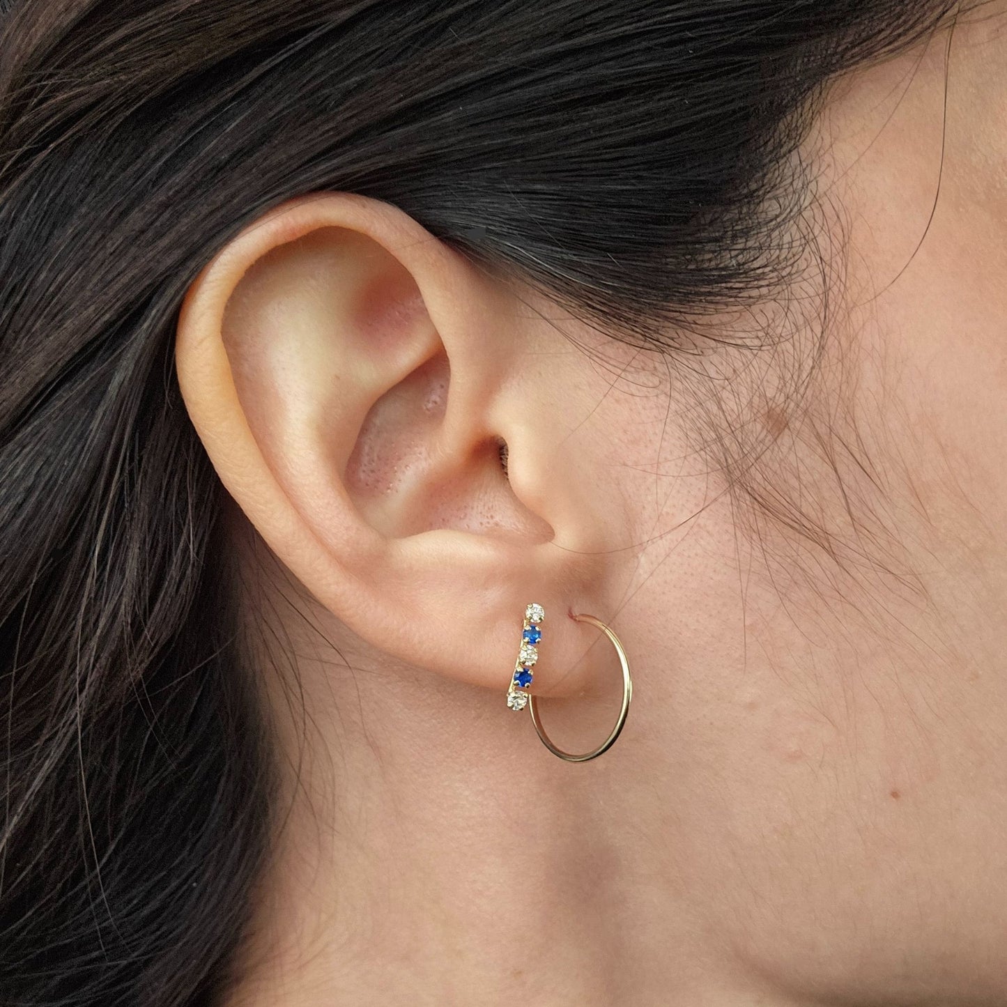 Blue & White Zirconia Bar Studs, 10K Gold