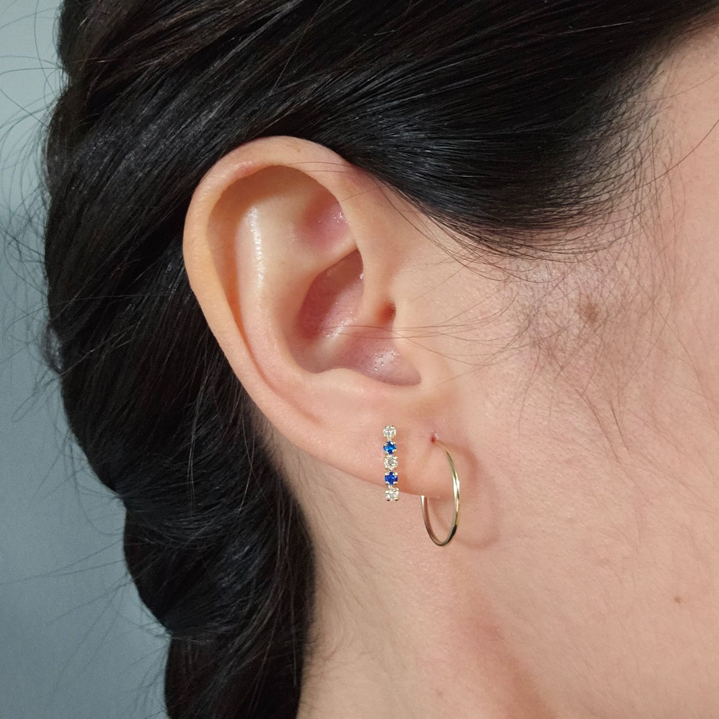 Blue & White Zirconia Bar Studs, 10K Gold